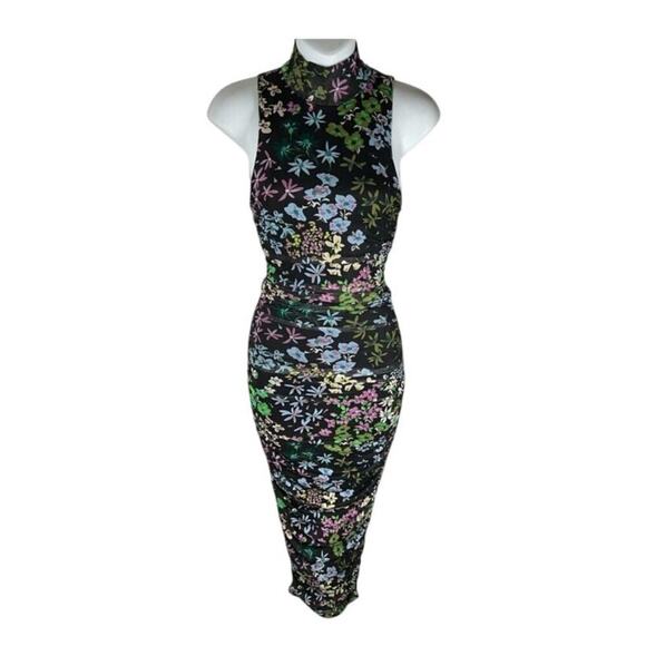NEW Afrm floral midi bodycon mock neck black midi Katia dress medium - Picture 5 of 10